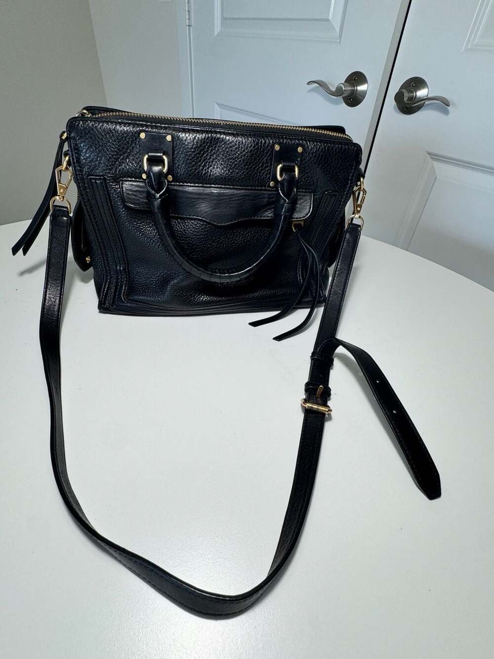Rebecca Minkoff Black Pebbled Leather Satchel Crossbody Bag Gold Hardware Tassel